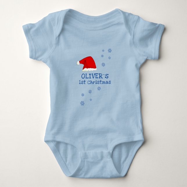 Baby`s First Christmas Santa Hat Snowflake Blue Baby Bodysuit (Front)