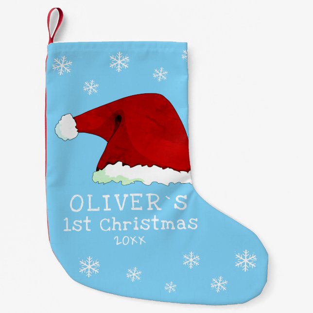 Baby`s First Christmas Santa Hat Snowflake Blue Small Christmas Stocking (Front)