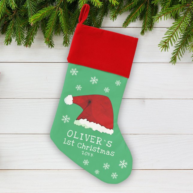 Baby`s First Christmas Santa Hat Snowflake Green Christmas Stocking (Creator Uploaded)