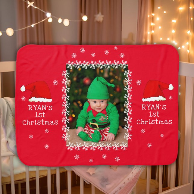 Baby`s First Christmas Santa Hat Snowflake Photo Baby Blanket (Creator Uploaded)