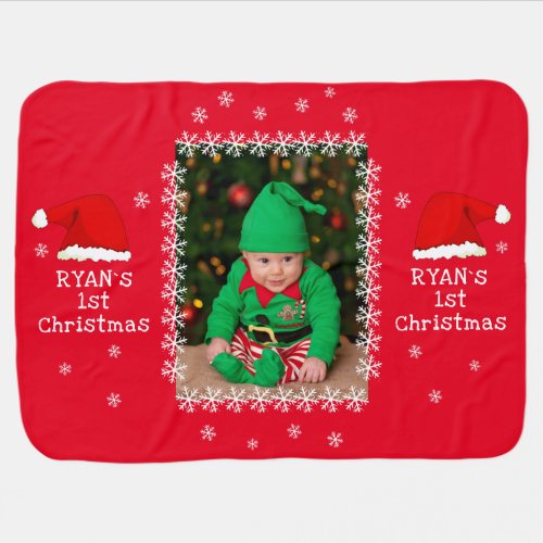 Babys First Christmas Santa Hat Snowflake Photo Baby Blanket