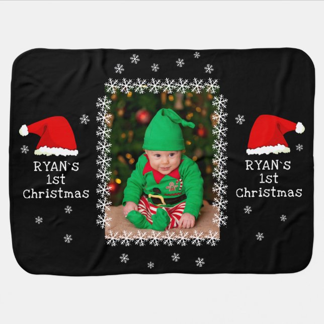 Baby`s First Christmas Santa Hat Snowflake Photo  Baby Blanket (Horizontal)