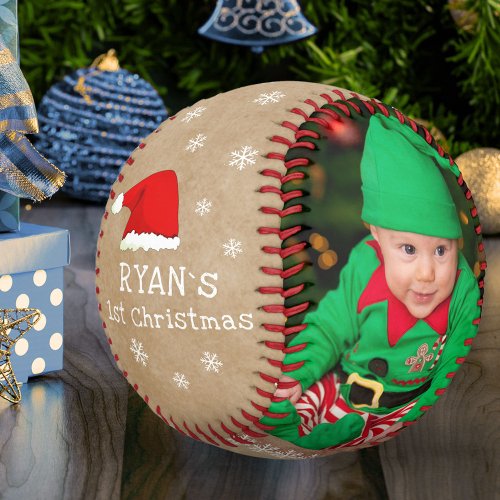 Babys First Christmas Santa Hat Snowflake Photo Baseball
