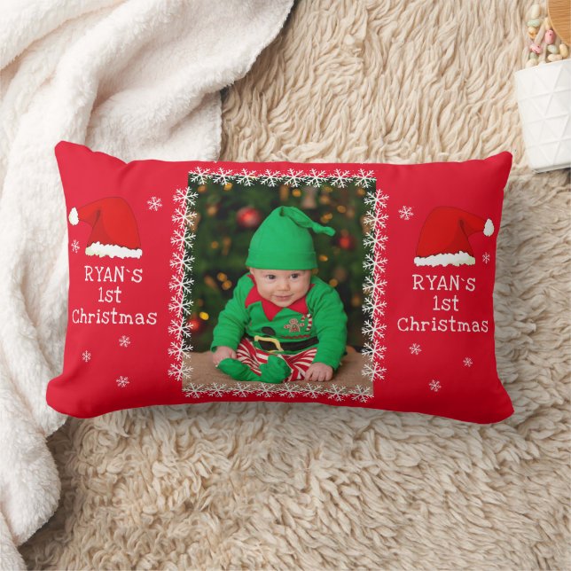 Baby`s First Christmas Santa Hat Snowflake Photo Lumbar Pillow (Blanket)