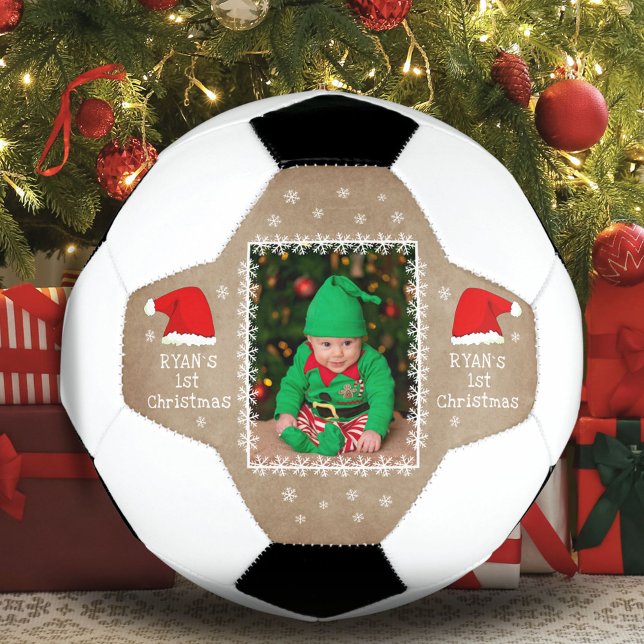 Baby`s First Christmas Santa Hat Snowflake Photo Soccer Ball (Creator Uploaded)