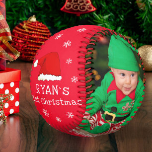 Baby`s First Christmas Santa Hat Snowflake Photo  Softball