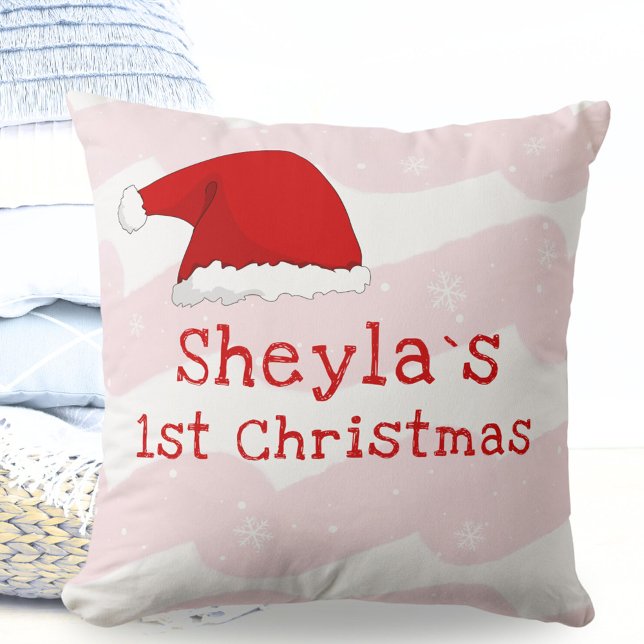Baby`s First Christmas Santa Hat Snowflake Pink Throw Pillow (Creator Uploaded)