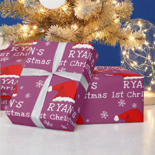Baby`s First Christmas Santa Hat Snowflake Purple Wrapping Paper