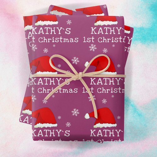 Babys First Christmas Santa Hat Snowflake Purple Wrapping Paper Sheets