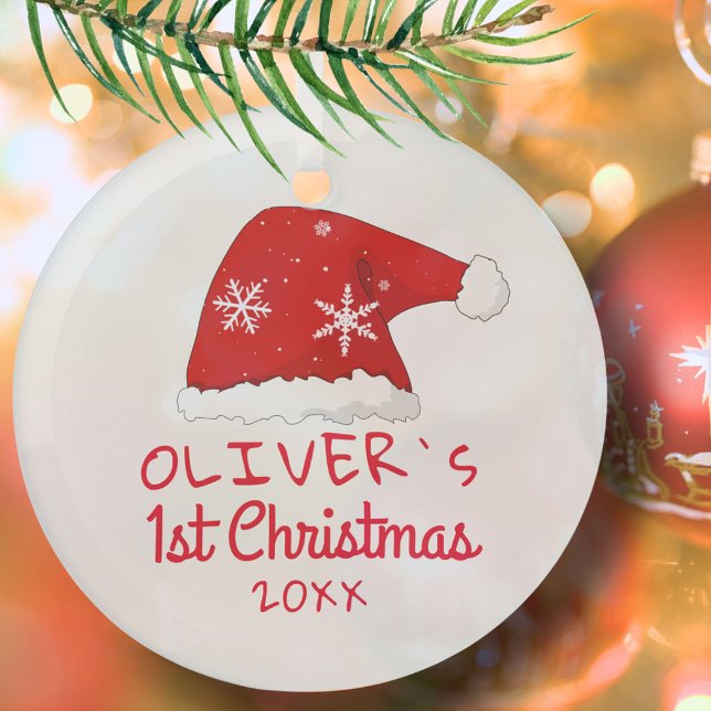 Baby`s First Christmas Santa Hat Snowflakes Glass Ornament (Creator Uploaded)