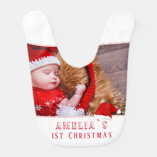 Baby`s First Christmas Santa Hat Snowflakes Photo Baby Bib