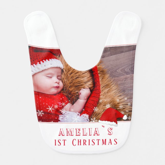 Baby`s First Christmas Santa Hat Snowflakes Photo Baby Bib (Front)