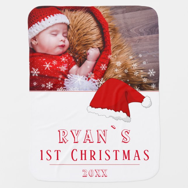 Baby`s First Christmas Santa Hat Snowflakes Photo Baby Blanket (Front)