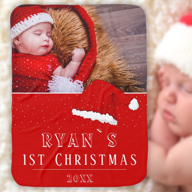 Baby`s First Christmas Santa Hat Snowflakes Photo Baby Blanket (Creator Uploaded)