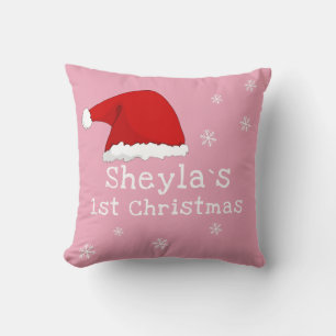 Baby`s First Christmas Santa Hat Snowflakes Pink Throw Pillow