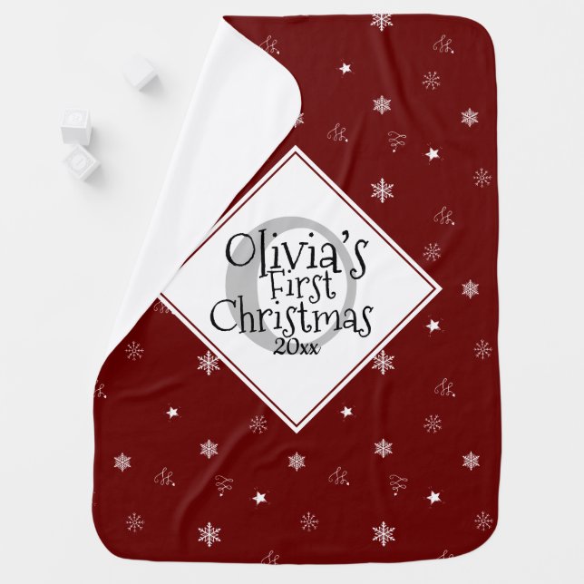 Baby’s First Christmas Snowflakes Pattern Red Baby Blanket (In Situ)