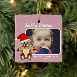 Baby`s First Christmas Teddy Bear Santa Hat Photo Ceramic Ornament