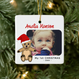 Baby`s First Christmas Teddy Bear Santa Hat Photo Ceramic Ornament