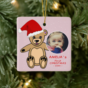 Baby`s First Christmas Teddy Bear Santa Hat Photo Ceramic Ornament