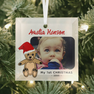 Baby`s First Christmas Teddy Bear Santa Hat Photo Glass Ornament