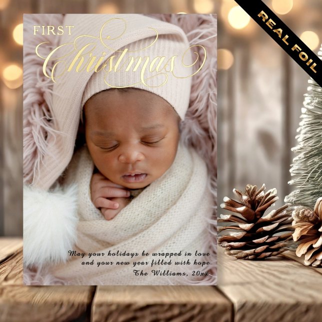 Baby’s First Christmas Typography Photo  Foil Holiday Card (Baby’s First Christmas Typography Photo Foil Holiday Card)