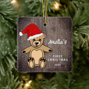 Baby`s First Christmas Wood Teddy Bear Santa Hat Ceramic Ornament