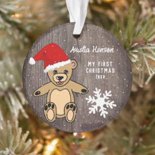 Baby`s First Christmas Wood Teddy Bear Santa Hat Ornament