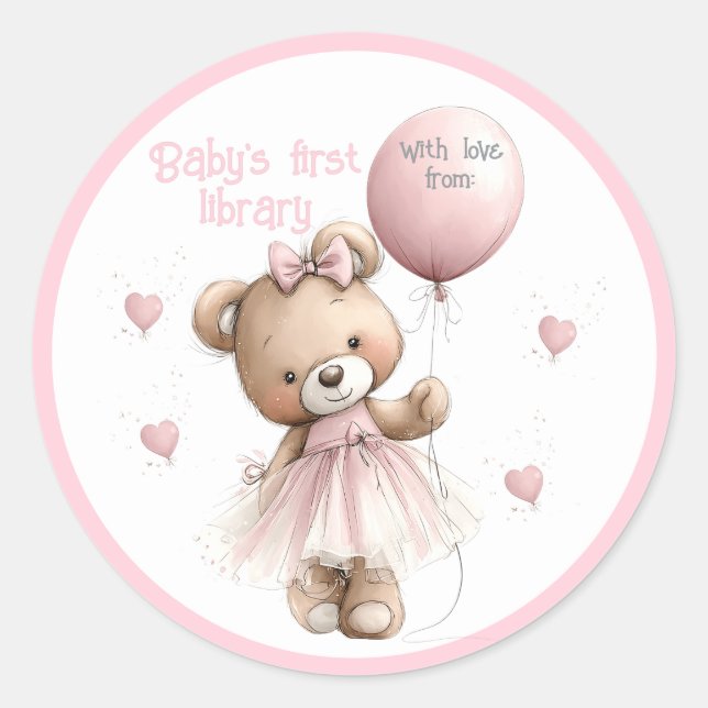 Baby’s First Library Sticker | Pink Teddy Bear (Front)