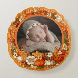 Baby’s First Thanksgiving Fall Floral Photo Round Pillow