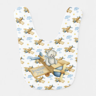 Baby’s Personalized Blue Bear Airplanes Name Year Baby Bib