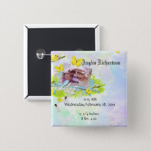Babys Yellow Bird and Butterfly Photo Frame Button