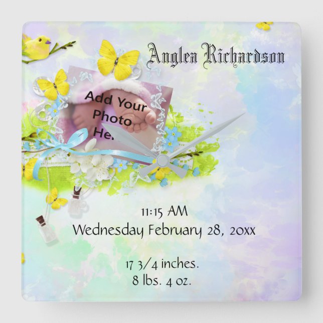 Baby’s Yellow Bird and Butterfly Photo Frame Square Wall Clock (Front)