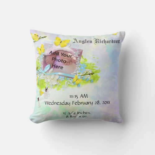 Babys Yellow Bird and Butterfly Photo Frame Throw Pillow