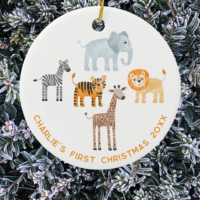 Baby Safari Animal Personalized First Christmas Ceramic Ornament (Safari baby animal themed baby's first Christmas personalized custom text ornament)