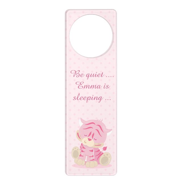 Baby Safari Pink Sleepy Tiger Nursery Art Gift Door Hanger (Front)