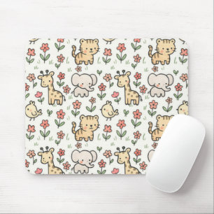 Baby Safari Wildlife With Doodle Flowers Mouse Pad