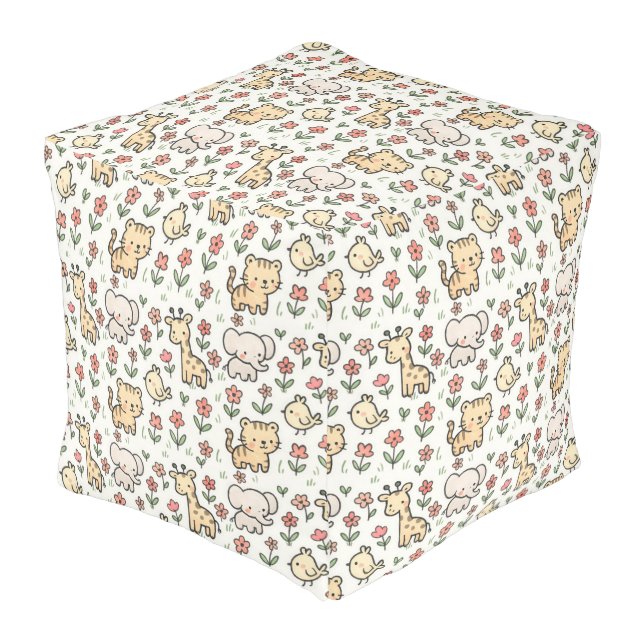 Baby Safari Wildlife With Doodle Flowers Pouf (Angled Front)