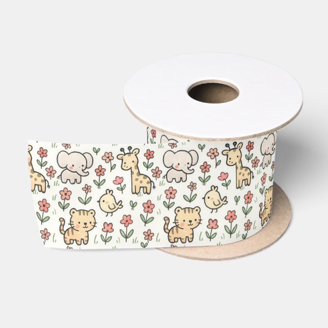 Baby Safari Wildlife With Doodle Flowers Satin Ribbon (Spool)