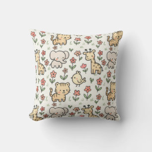 Baby Safari Wildlife With Doodle Flowers Throw Pillow