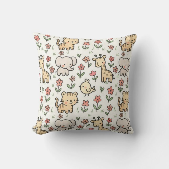 Baby Safari Wildlife With Doodle Flowers Throw Pillow (Front)