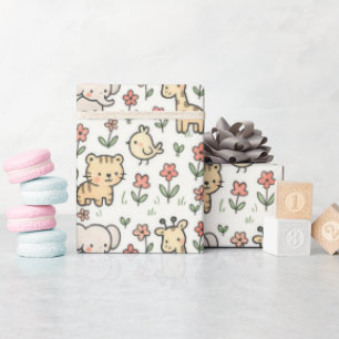 Baby Safari Wildlife With Doodle Flowers Wrapping Paper