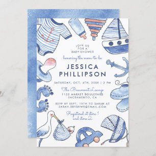Baby Sailor Blue Nautical Watercolor Baby Shower Invitation