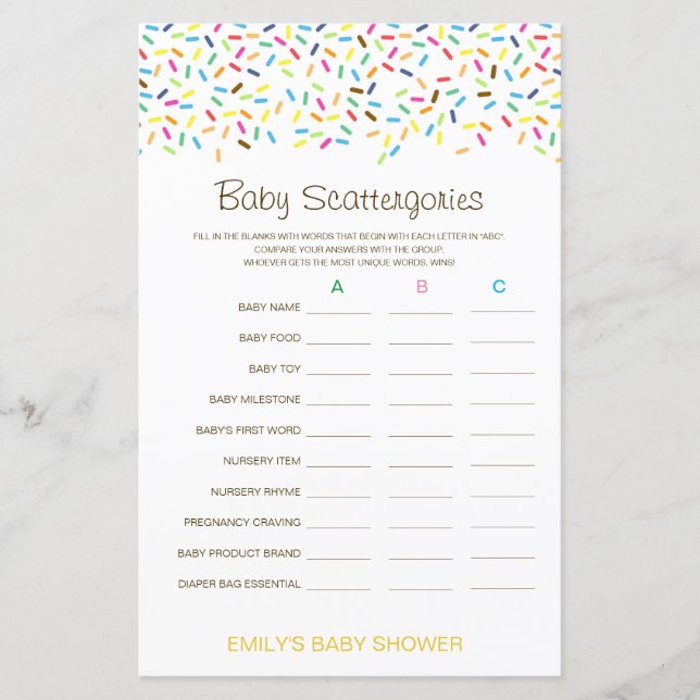Baby Scattergories Baby Shower Game PRINTED (Front)