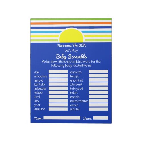 Baby Scramble Baby Shower Game Here Comes the Son  Notepad