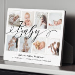 Baby Script Photo Collage Keepsake & Birth Stats Plaque<br><div class="desc">Special baby photo collage keepsake plaque that you'll cherish forever. Display your baby's photos and memories. Our design features a simple 8 photo collage grid design with the baby's name,  date of birth,  and birth stats. Each photo is framed with a simple faux gold border.</div>
