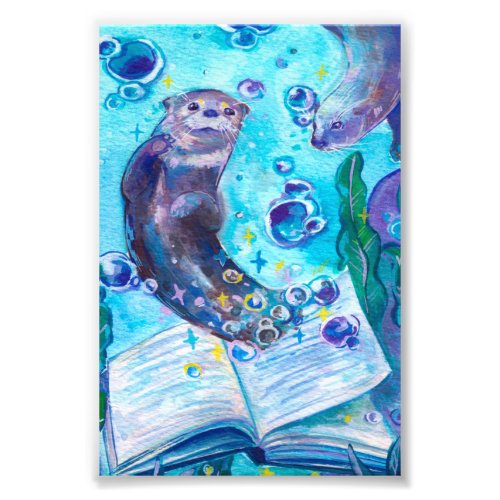 Baby Sea Otter Playing in Water  Cute Artwork Photo Print