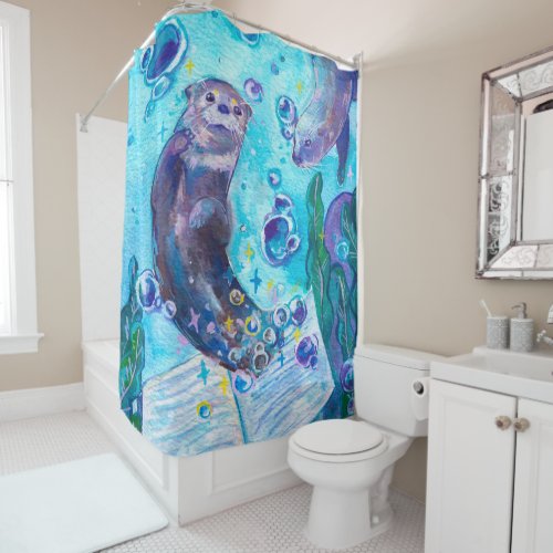 Baby Sea Otter Playing in Water  Cute Artwork Shower Curtain