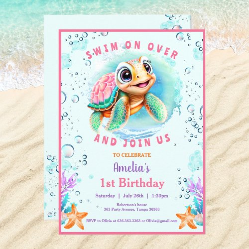 Baby Sea Turtle Girl Custom Age First Birthday  Invitation