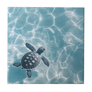 Baby Sea Turtle in Clear Water Ceramic Tile