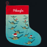 Baby Sea Turtle in Santa Hats  Christmas Stocking<br><div class="desc">Sea turtles swim in a blue sea,  and some are even wearing Santa hats in this fun holiday design.</div>